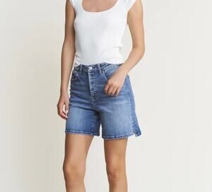 NWOT Mica Los Angeles M Hidden Button Fly Bermuda Stretch Denim Shorts 6” Inseam